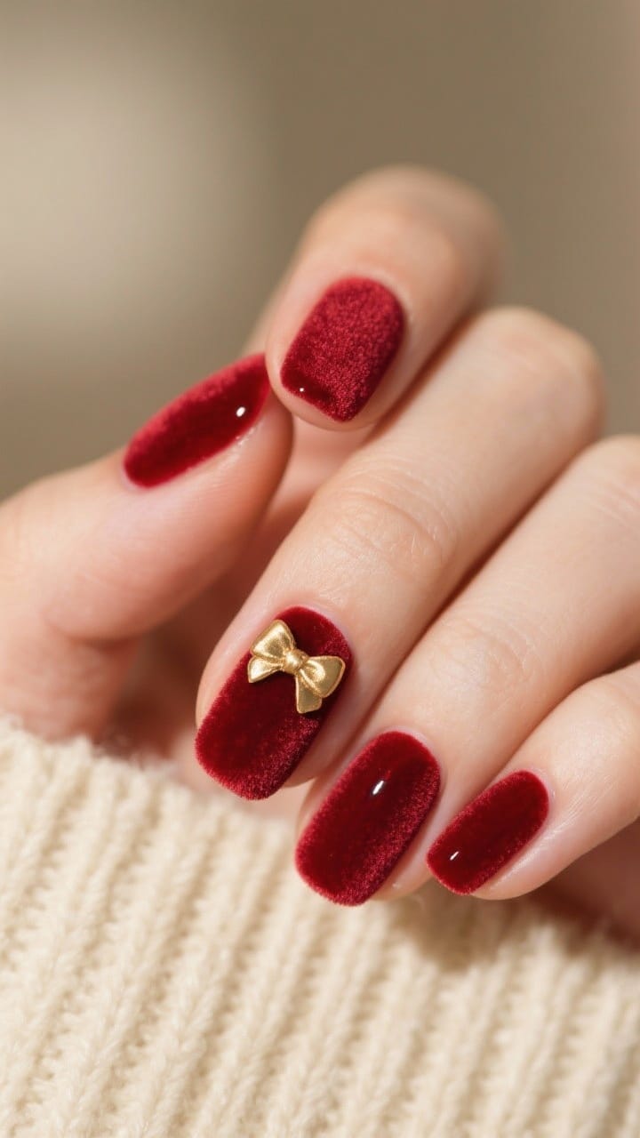 Closeup detail shot: short nails shaped squoval, painted deep velvet red with a plush, fabric-like soft-matte sheen; one accent nail features a tiny gold bow decal near the cuticle. Neutral background of a cashmere sweater texture in soft cream, diffused warm lighting to emphasize the satin velvet finish and rich blue-based red tone. Straight-on angle focusing on the luxe soft-matte top coat.
