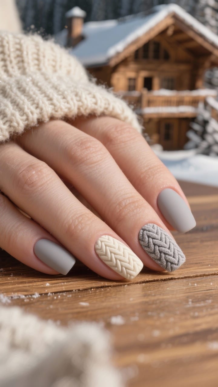 Closeup texture study: short nails in soft cream and dove gray with 3D cable-knit patterns on two accent nails; matte finish for a plush, cozy feel; subtle acrylic powder texture visible on raised knit lines. Background: chunky sweater and a wooden ski chalet tabletop for winter warmth. Gentle, directional light to emphasize tonal texture.