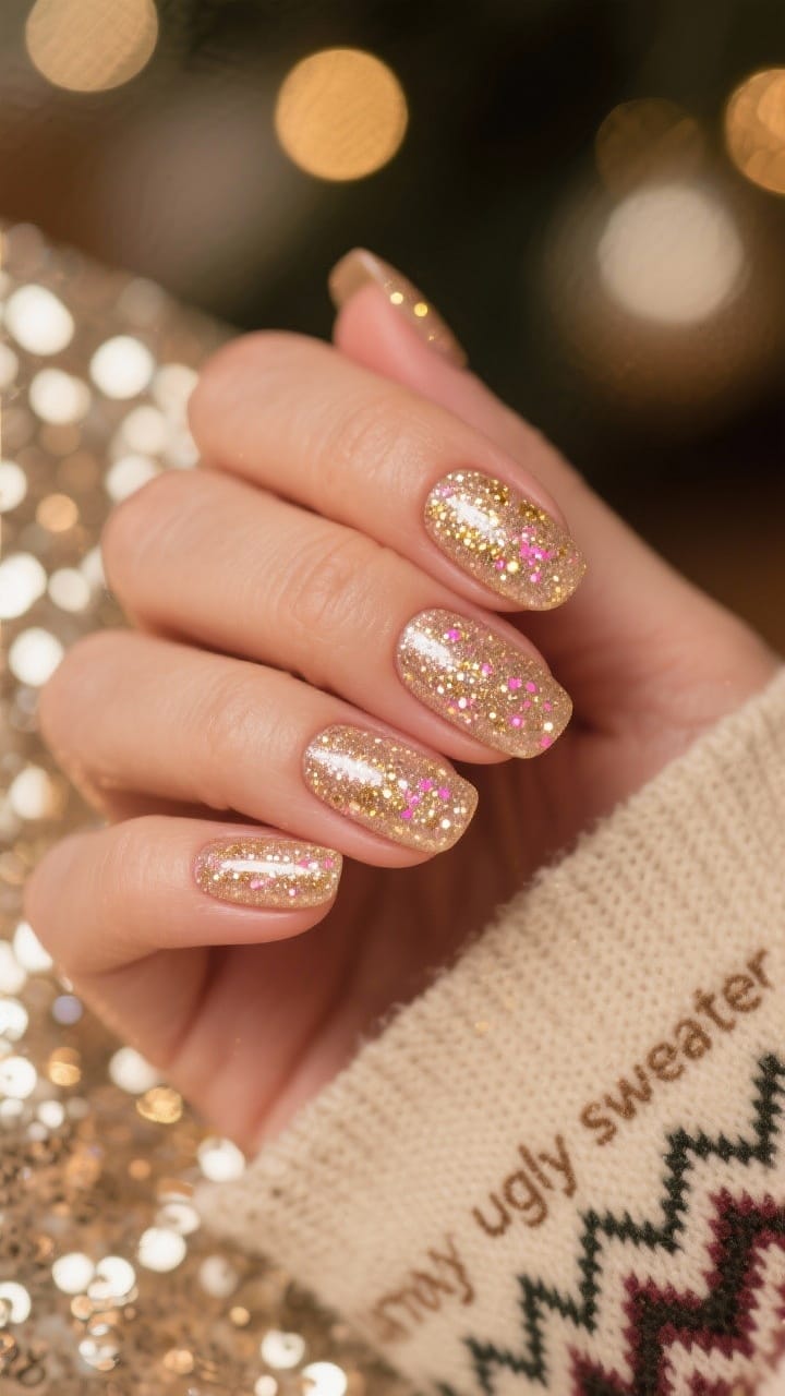 Medium closeup: short nails coated in champagne micro-glitter with fine gold and pink flecks; two thin coats finished with a gel-like glossy top coat for a smooth, expensive twinkle. Neutral festive backdrop with a blurred sequined fabric and an “ugly sweater” knit nearby, warm evening lighting with gentle bokeh to highlight refined sparkle without chunkiness. Slight corner angle.
