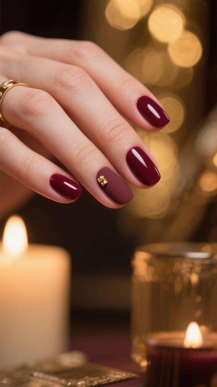 Medium closeup: short nails in cool-toned burgundy “mulled wine” shade, glossy on most nails with a single matte accent nail on the ring finger; optional tiny gold stud near the cuticle of the matte nail. Ambient candlelit warmth in the background with blurred golden bokeh to suggest moody, luxe atmosphere. Slight side angle to show gloss vs. matte contrast.