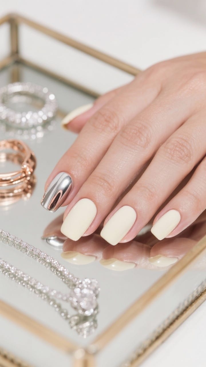 Medium shot: short nails featuring one chrome accent nail (choose silver or rose gold) applied over a no-wipe gel for mirror reflection; the rest in a matching cream shade that coordinates with the chrome tone. Background: jewelry tray with matching metal jewelry (silver or rose gold) for a pulled-together look. Balanced, bright lighting to showcase chrome pop without harsh glare.