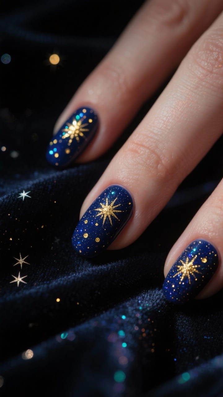 Nighttime detail shot: short nails painted inky navy with tiny gold starbursts—gold dots with fine rays flicked outward; a dusting of ultra-fine holographic glitter creates a Milky Way effect. Background: dark velvet cloth with faint starlike reflections. Low, moody lighting with pinpoint highlights to make the celestial details glow.