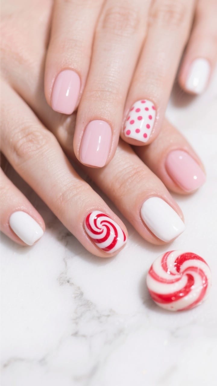 Overhead closeup: short nails with glossy white or sheer pink on most fingers; one or two accent nails feature a precise red-and-white peppermint swirl mapped with dots and connected by thin striping lines; sealed in a high-shine top coat for a candy-gloss finish. Background: marble surface with a single peppermint candy for context. Bright, clean lighting to amplify the swirl’s shine.