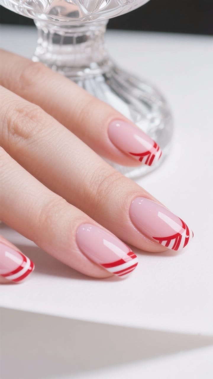 Overhead detail shot: short nails with a sheer pink base and micro-thin red French tips; an ultra-fine white stripe hugging each red tip for candy cane vibes. Clean, glossy finish with glassy shine. Background: clear glass ornament and white paper to keep focus on the precision lines. Bright, even studio lighting to reveal crisp edges.