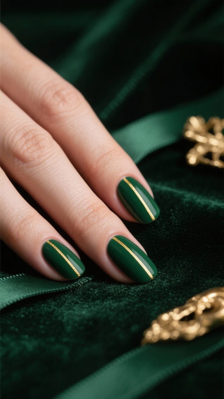 Straight-on detail shot: short nails painted deep evergreen with thin, clean gold pinstripes applied using striping tape; lines run vertical on some nails, diagonal on others; accents limited to two nails per hand for balance. Background: dark green velvet ribbon and a minimal gold ornament to echo the quiet luxury palette. Soft, directional lighting to elongate the look.